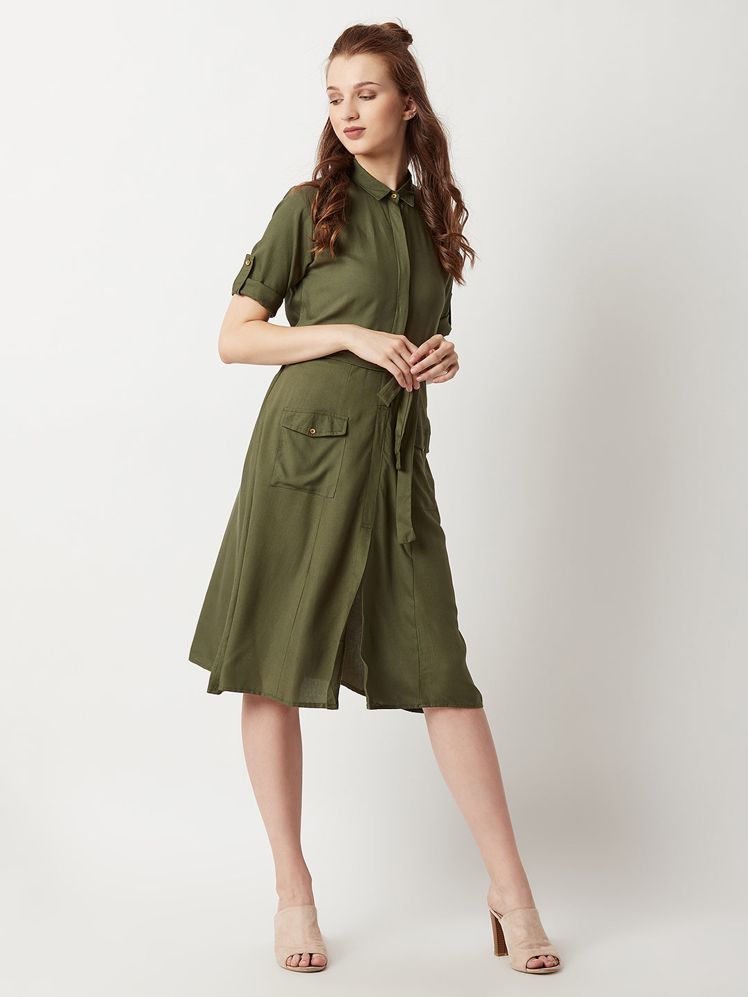 Women's Olive Green Round Neck Rolled Up Half Sleeve Solid Buttoned Paneled Midi Shirt Dress