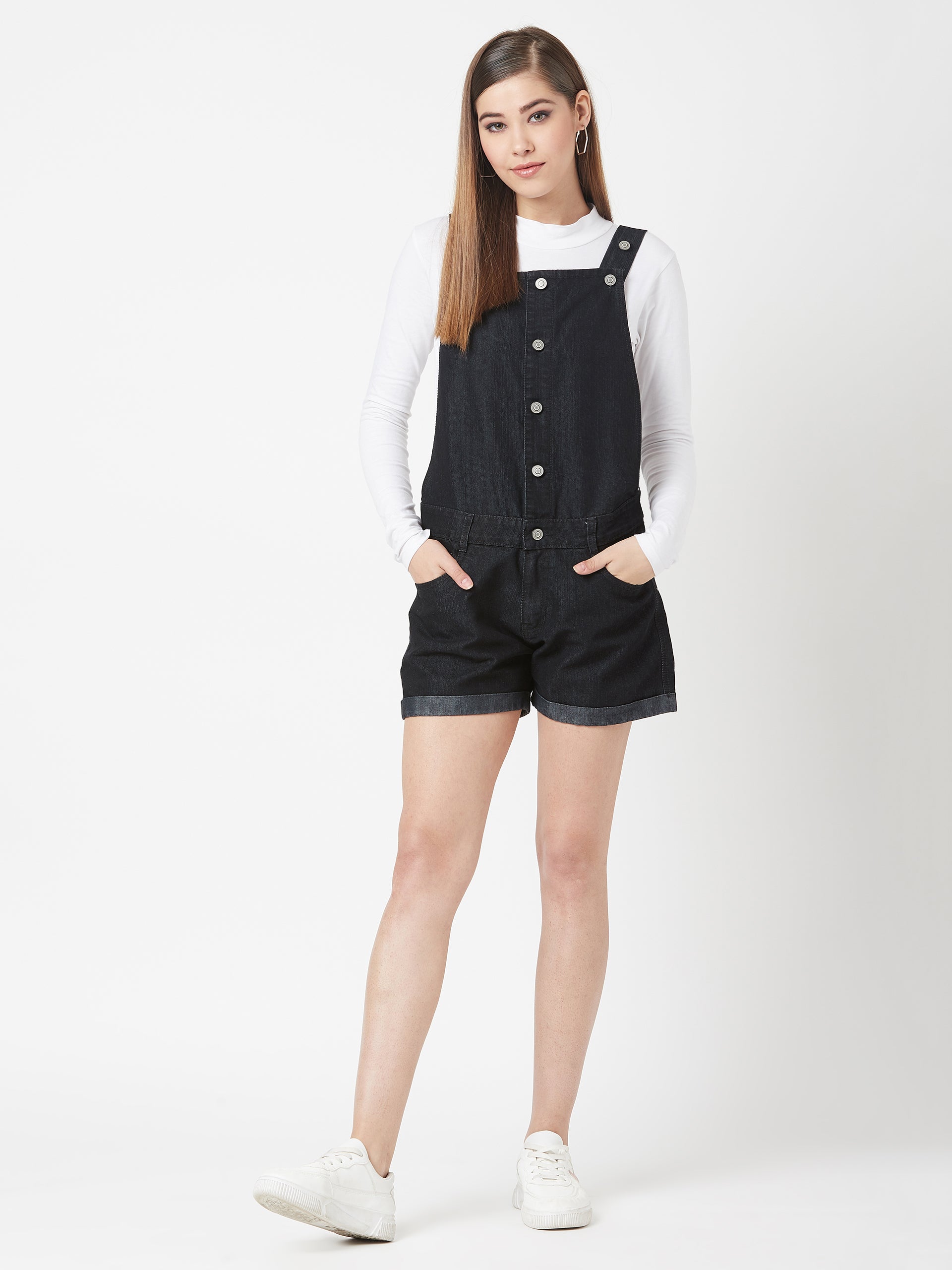 Women's Black Non-Stretchable Solid Mid Rise Regular Length Denim Dungarees