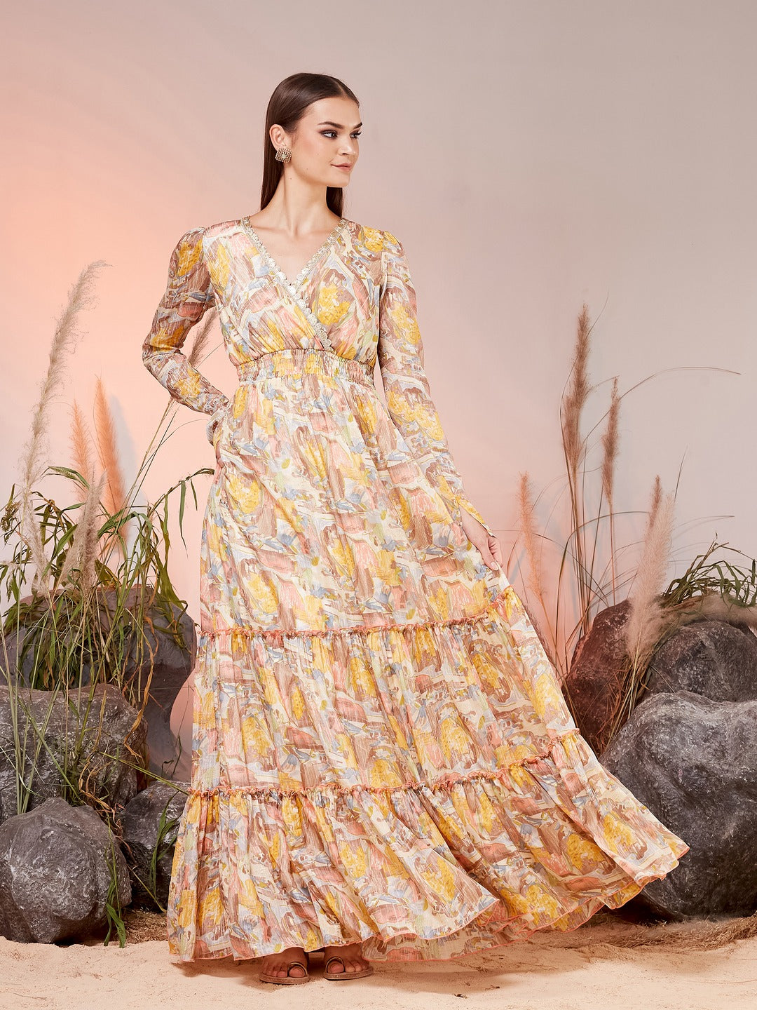 Cream V-Neck Bishop Abstract Tiered Maxi Chiffon Ethnic Dress for Women