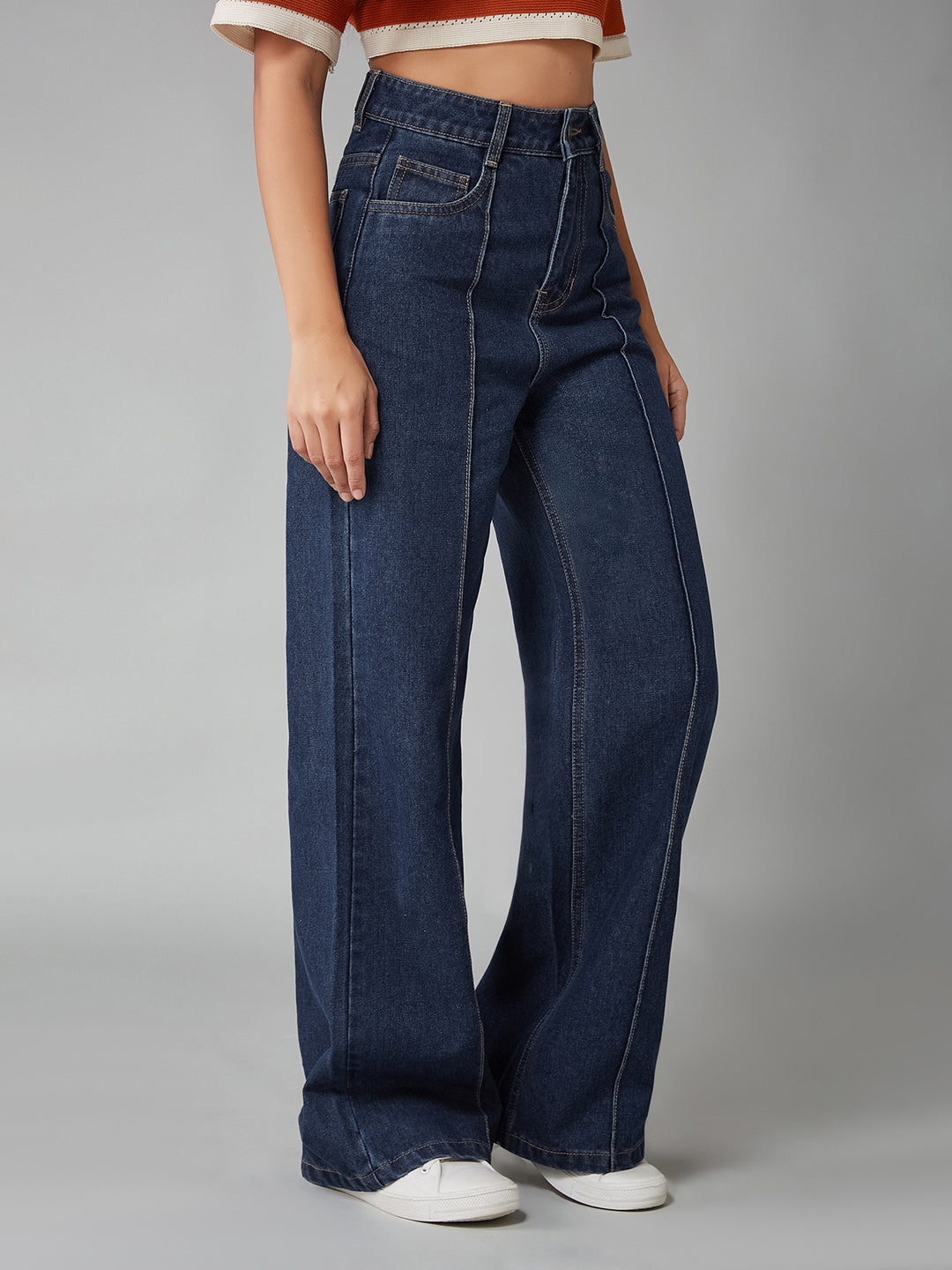 Women's Navy Blue Wide-Leg High-Rise Clean-Look Regular-Length Non-stretchable Denim Jeans