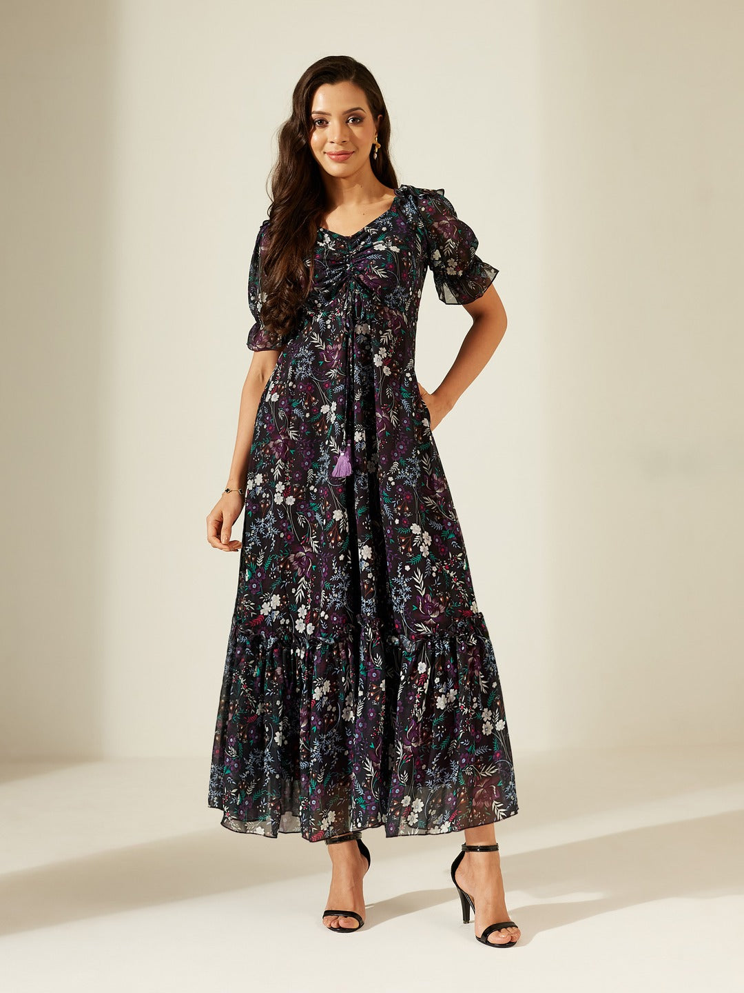 Black Sweetheart-Neck Puffed Sleeve Floral Ruching Georgette Maxi Dress for Women