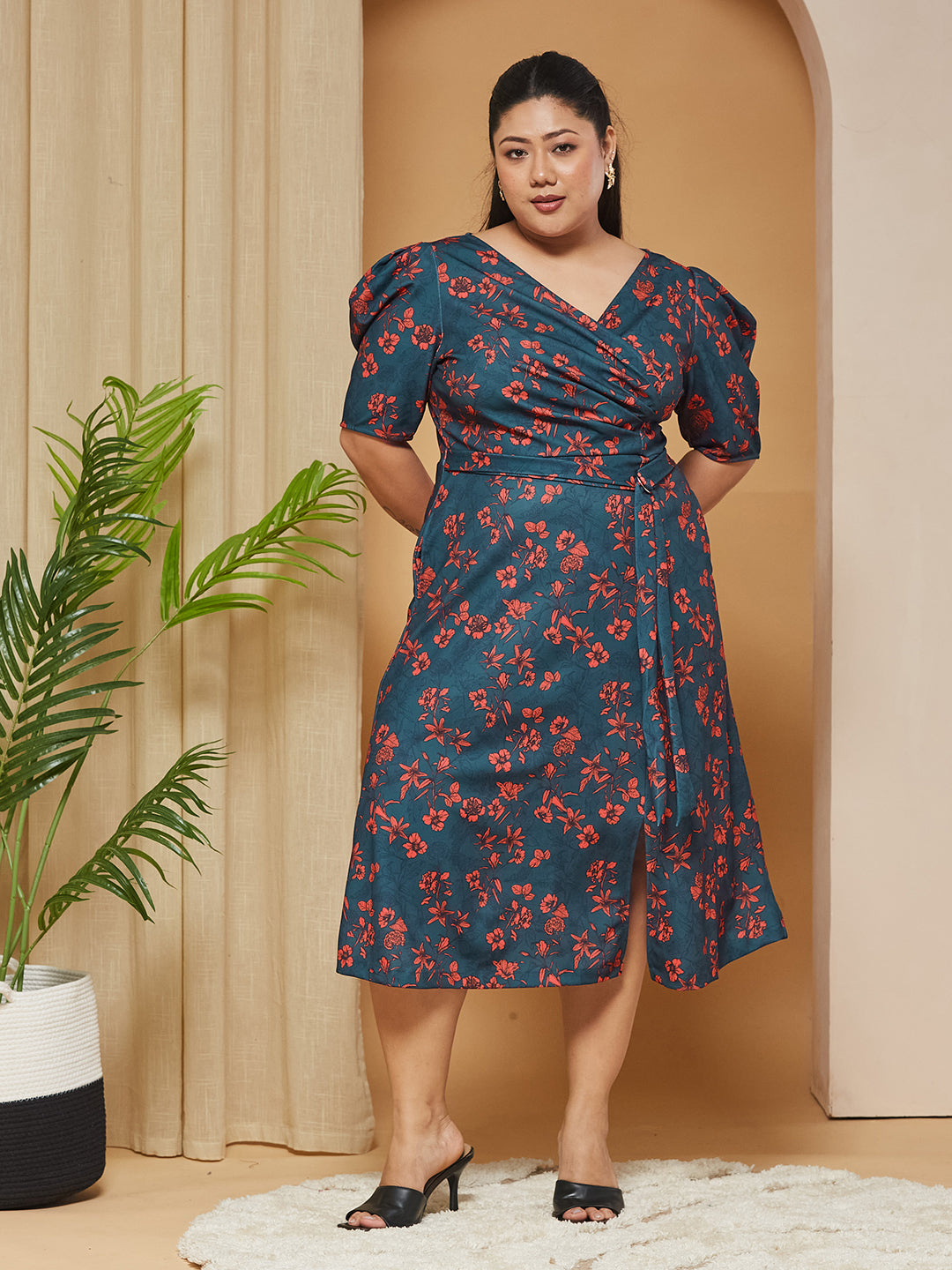 Multicolored-Base-Teal V-neck Puff-Sleeves Floral Wrap Midi Dress for Women