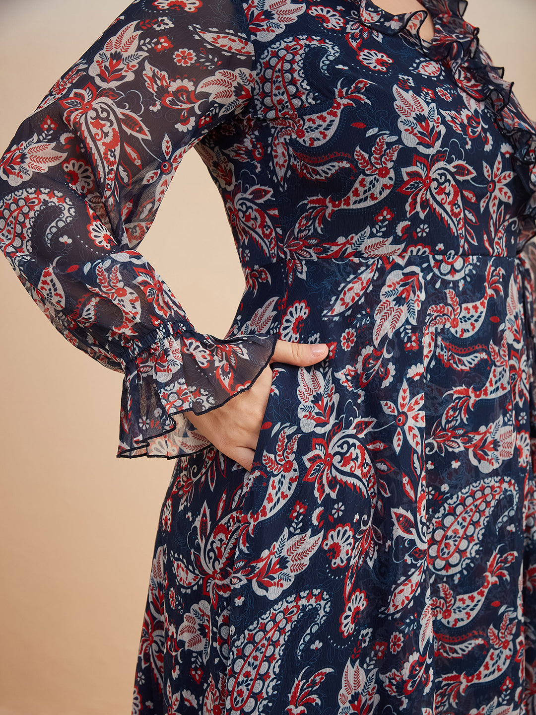 Multicolored-Base-Navy-Blue V-Neck Full Sleeves Polyester Relaxed Fit Midi Length Dress for Women