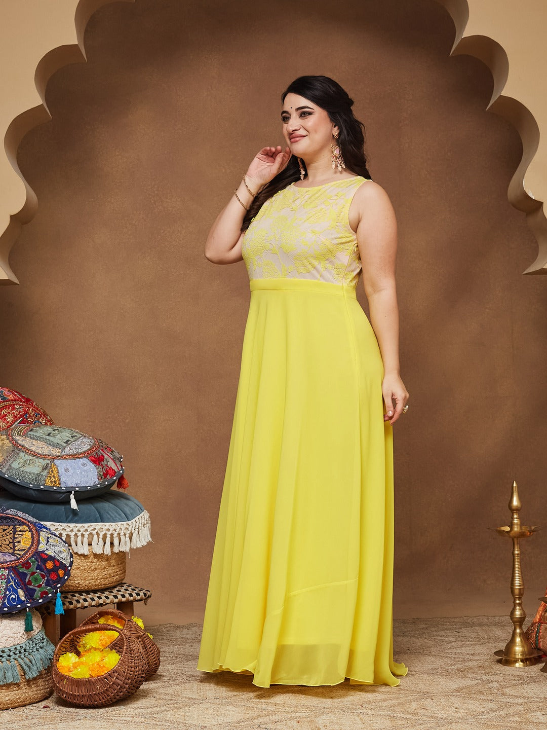 Light Yellow Round Neck Sleeveless Georgette & Lace Floral Fit & Flare Maxi Dress for Women