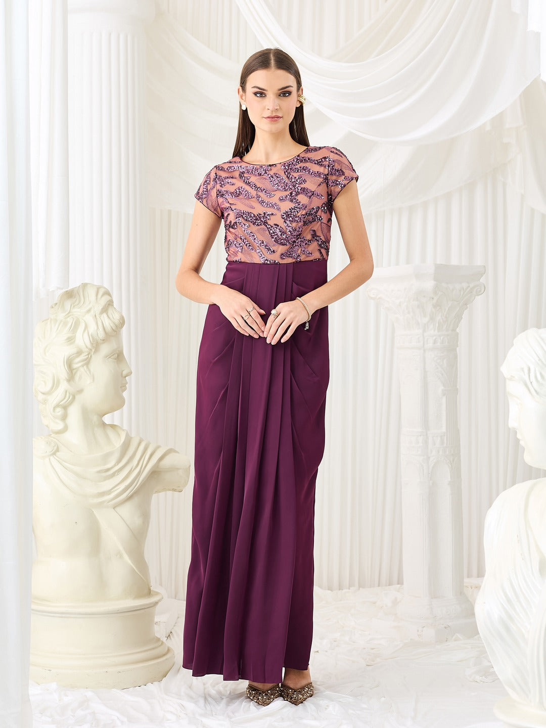 Luxe Pleated Satin Gown in Purple with Round Neck & Embellishments for Women