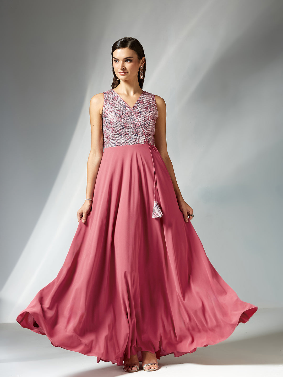 Pink V-Neck Sleeveless Floral Embellished Fit & Flare Maxi Georgette Dress for Women