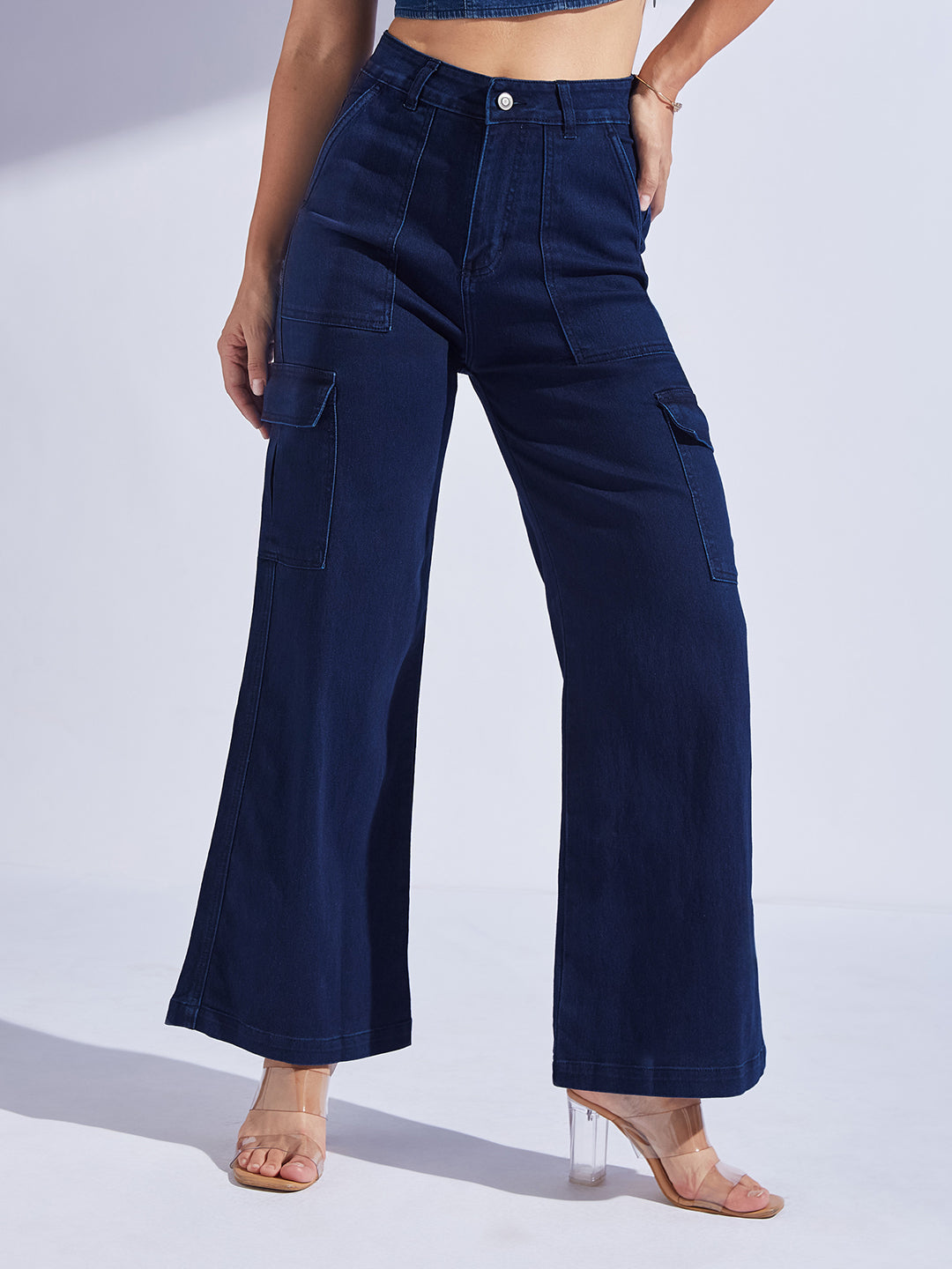 Women's Navy Blue Wide leg High-Rise Stretchable Denim Jeans