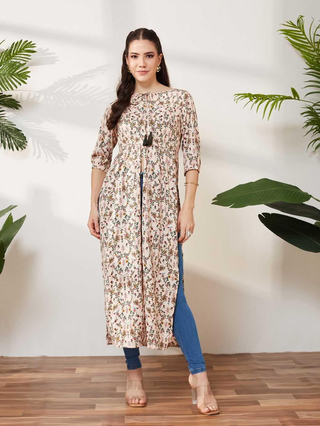 Round Neck 3/4 Sleeve Floral Tie-Up Tassel Detailing Front Slit Maxi Top for Women