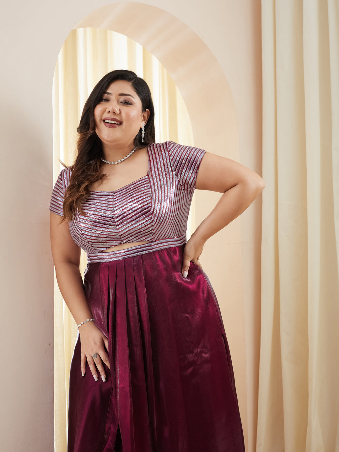 Embellished Dark Purple Gown in Luxe Pleated Satin with Sweetheart Neck for Women
