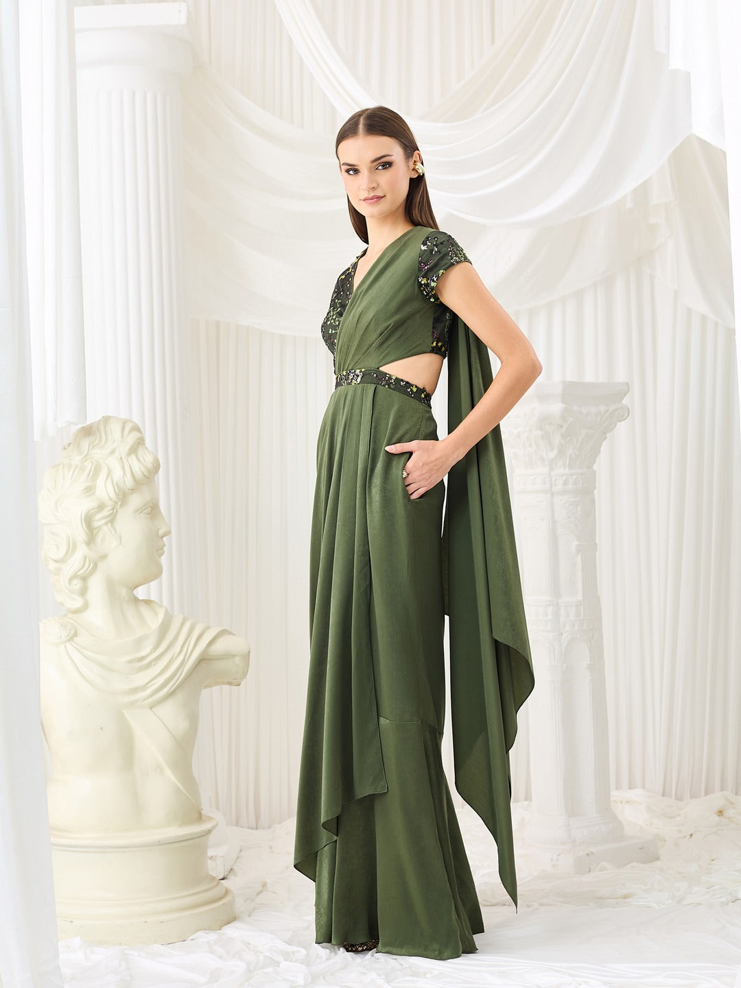Olive V-Neck Short-Sleeve Embellished Draped Maxi Velvet Dress for Women