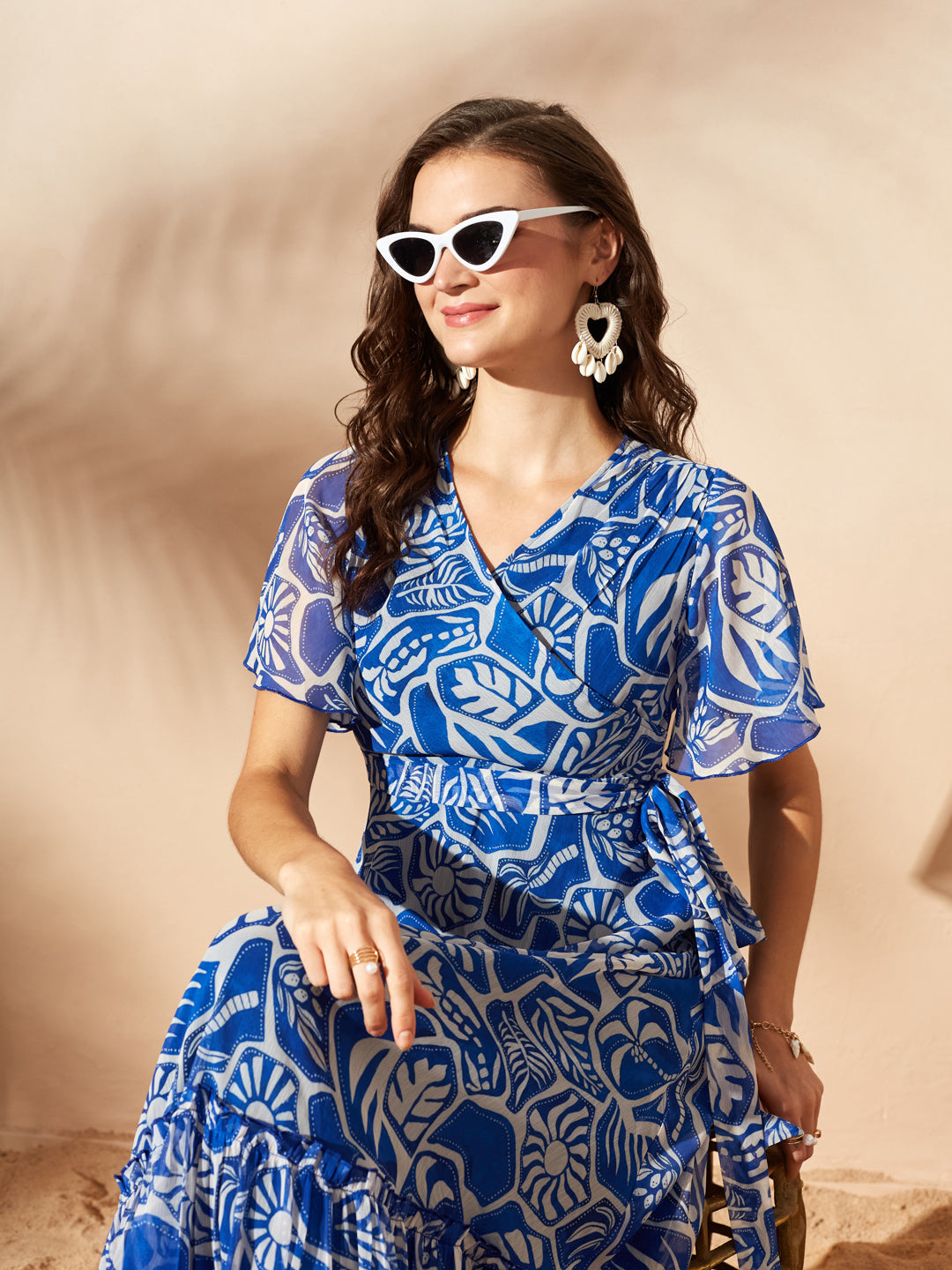 White & Blue Floral Printed Flutter Sleeves Maxi Dress for Women