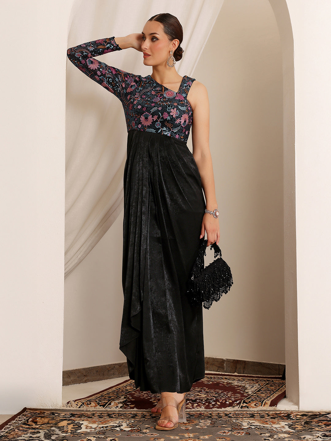 Women's Black One-Shoulder Full Sleeve Embroidered Pleated Satin Maxi Dress