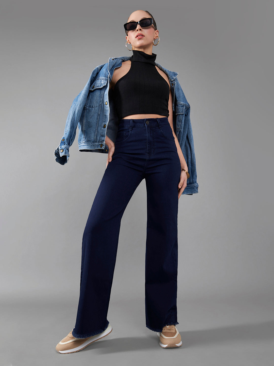 24/7 Comfort Women's Navy Blue Wide Leg High Rise Clean Look Regular Length Stretchable Denim Jeans