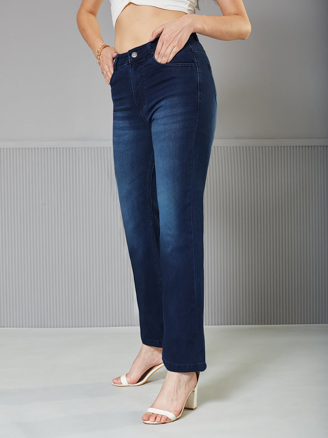 Navy-Blue Wide-Leg Mid-Rise  Regular Stretchable Denim Jeans for Women