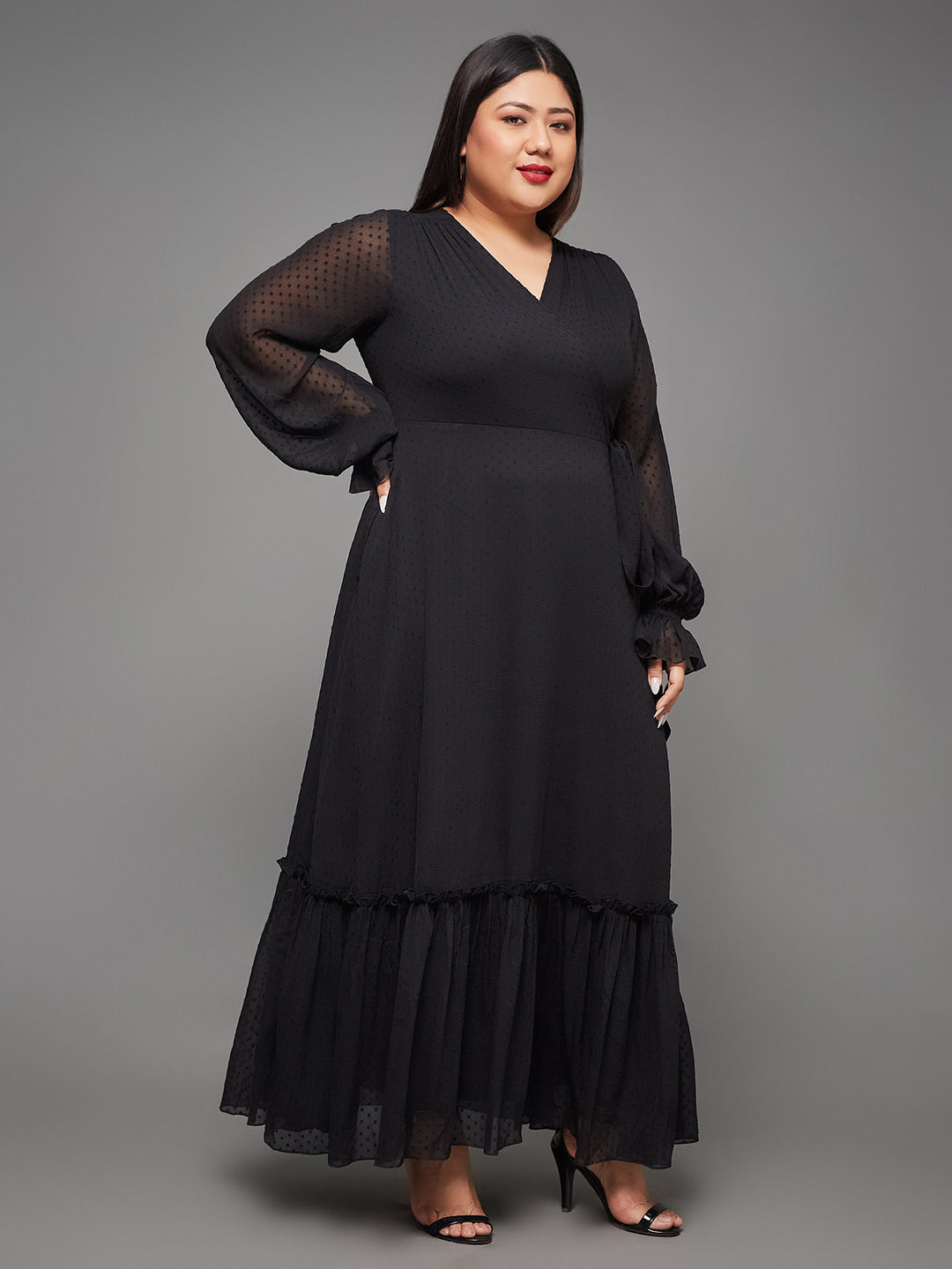 Women's Black Self Design V-Neck Bishop Sleeves Chiffon Wrap Maxi Dress