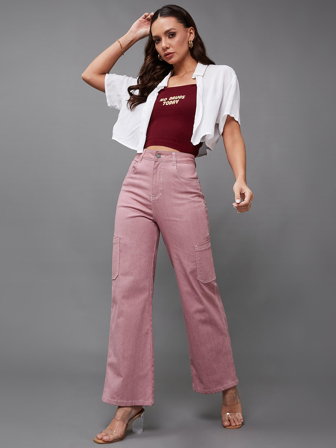 24/7 Comfort Women's Dusty Pink Wide-Leg High Rise Clean Look Regular-Length Stretchable Denim Pants