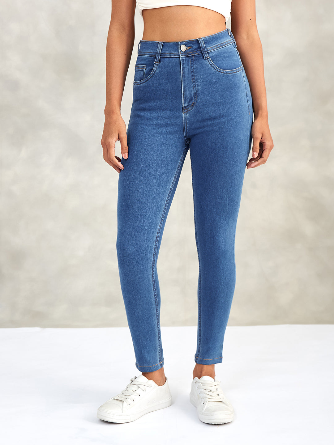 Women's Blue Skinny High-Rise Distressed Cropped Denim Jeans