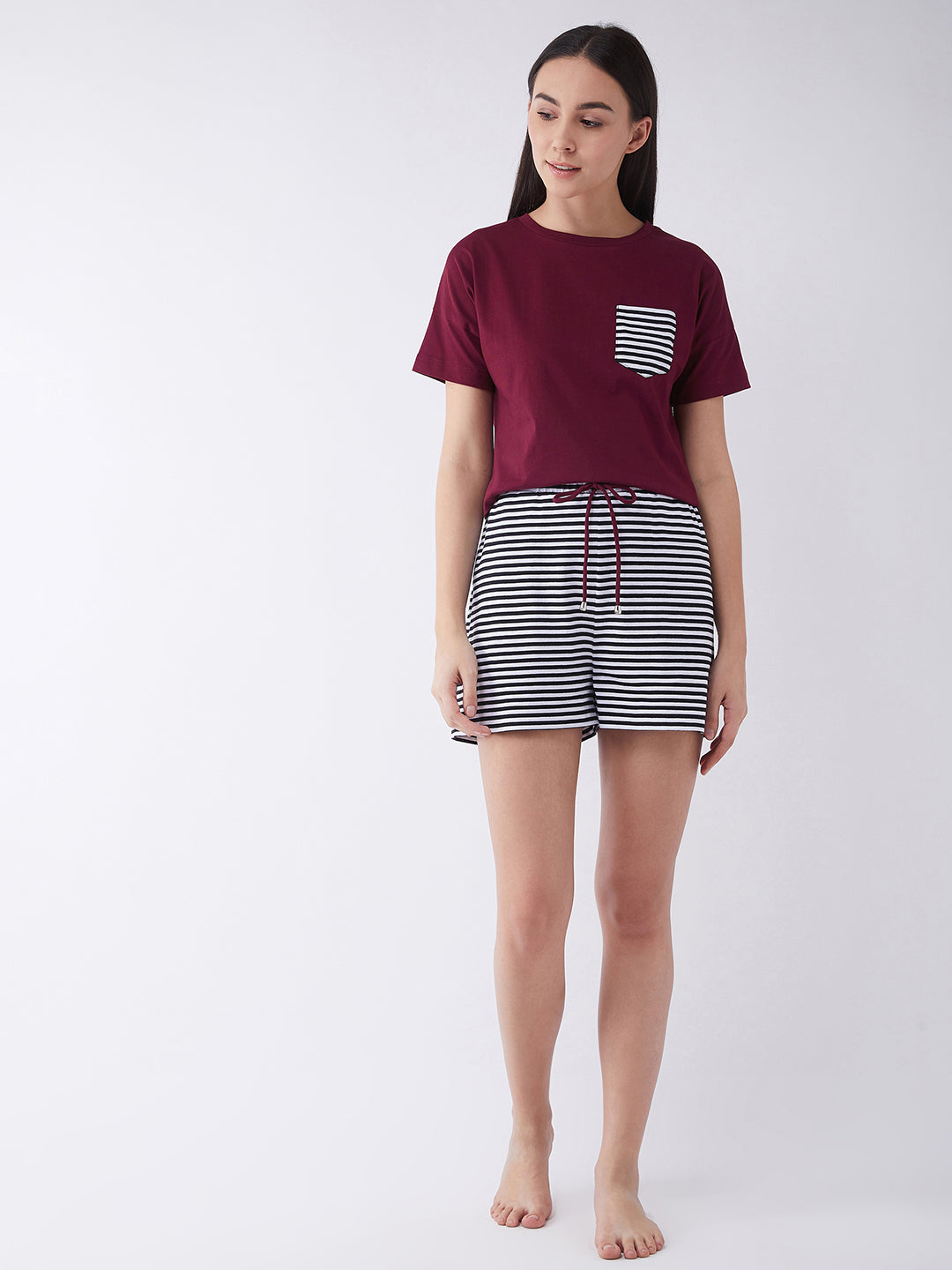 Women's Maroon and white Round Neck Short Sleeves Regular Length Striped Top and Shorts Set