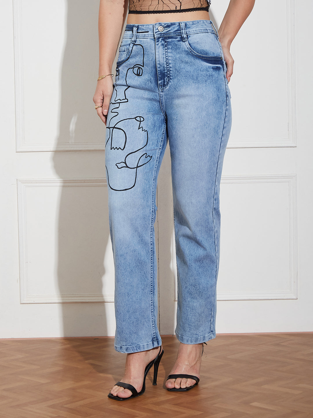 Women's Light Blue Mom Fit High Rise Hand Painted Heavy Wash Stretchable Denim Jeans