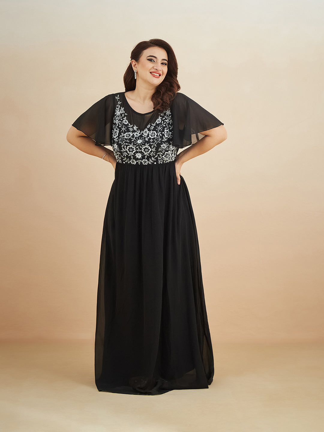 Black Embellished Gathered Maxi Dress for Women