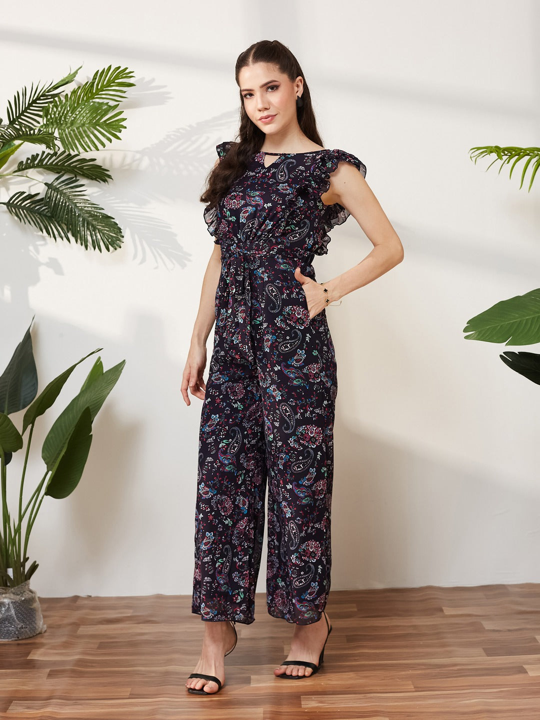 Navy Blue Round Neck Sleeveless Floral Wide Leg Regular Jumpsuit for Women