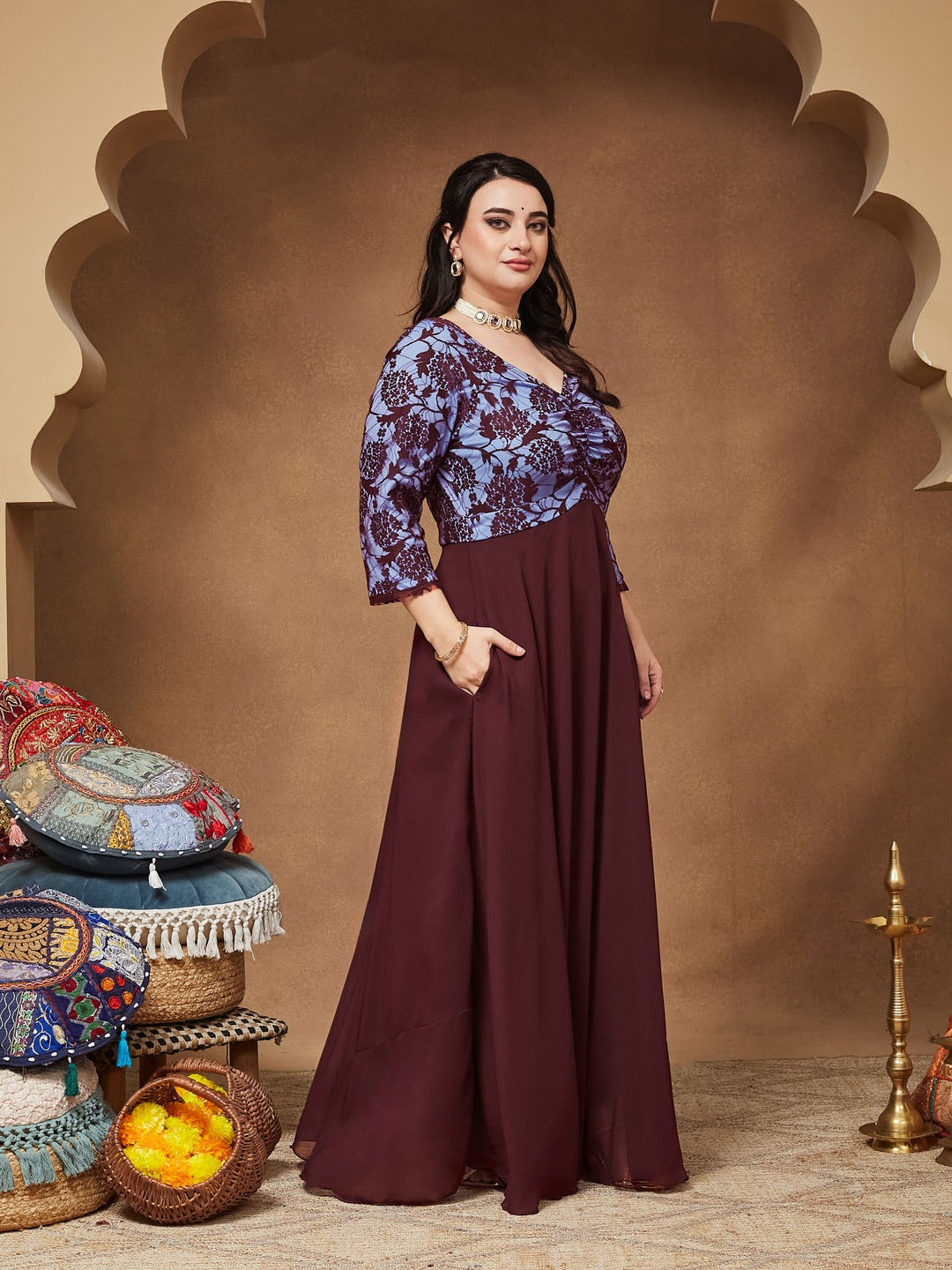 Wine Sweet heart neck 3/4 Sleeve Self Design Fit & Flare Maxi Dress for Women