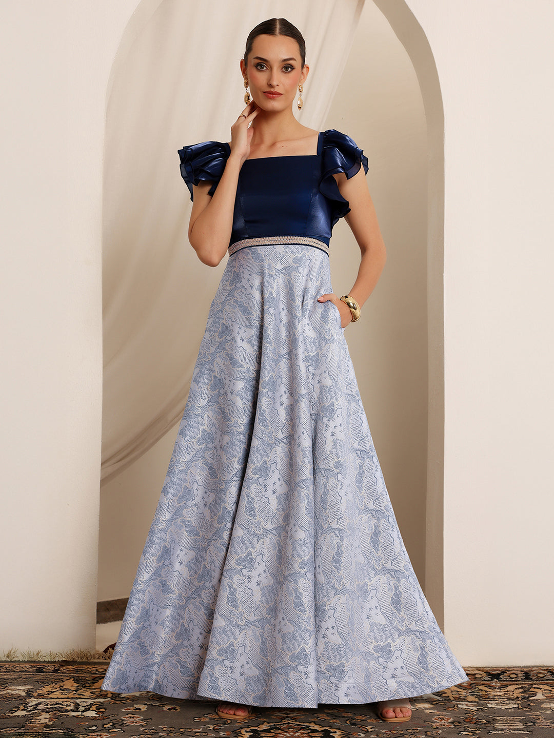 Women's Navy Blue White Square Neck Ruffled Floral Maxi Dress
