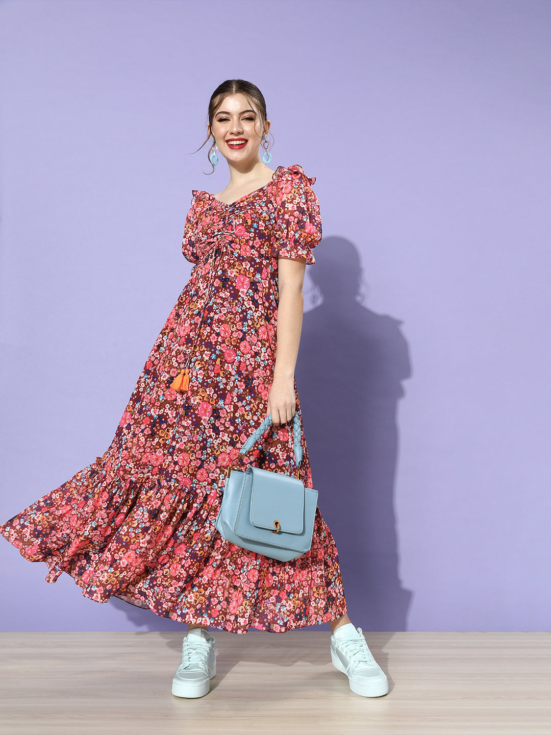 Women's Multicolored-Base-Wine V-Neck Puff Sleeve Floral Ruching Ankle-Length Dress