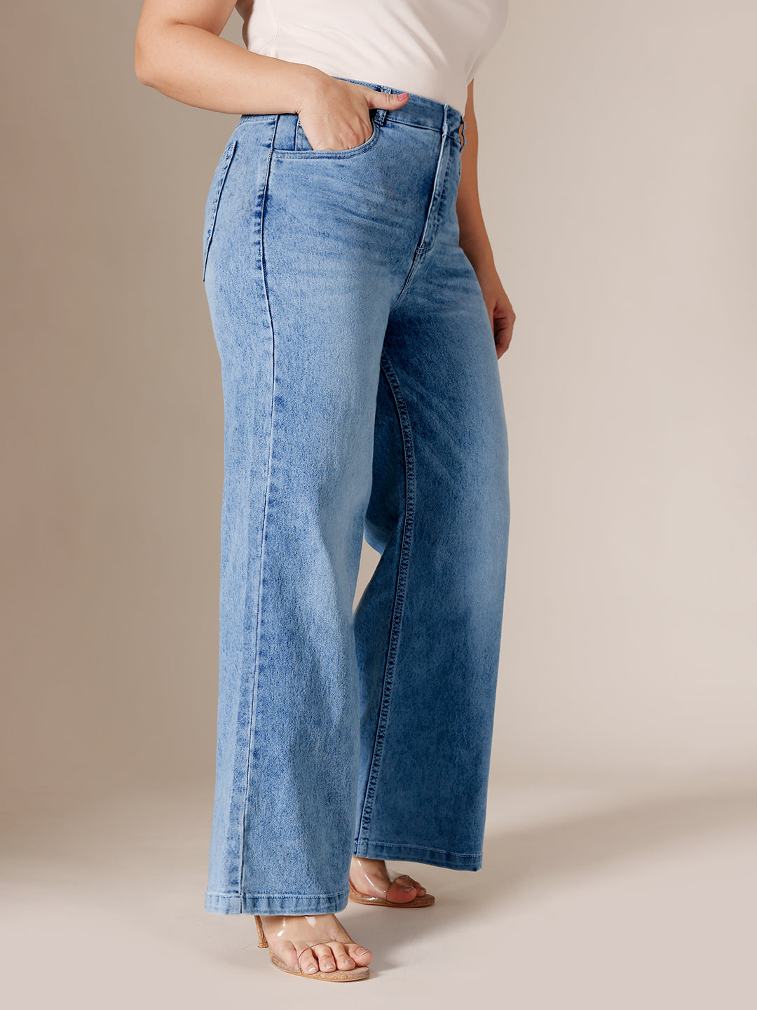 Light Blue Wide-Leg High Rise Clean Look Regular Length Stretchable Denim Jeans for Women