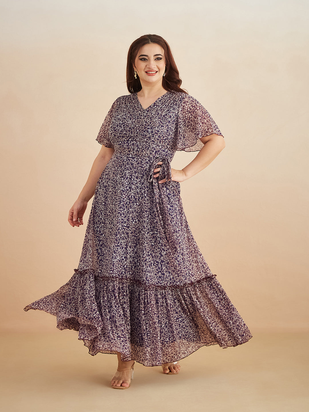 Multicolored-Base-Purple V Neck Flared Sleeve Floral Wrap Chiffon Maxi Dress for Women