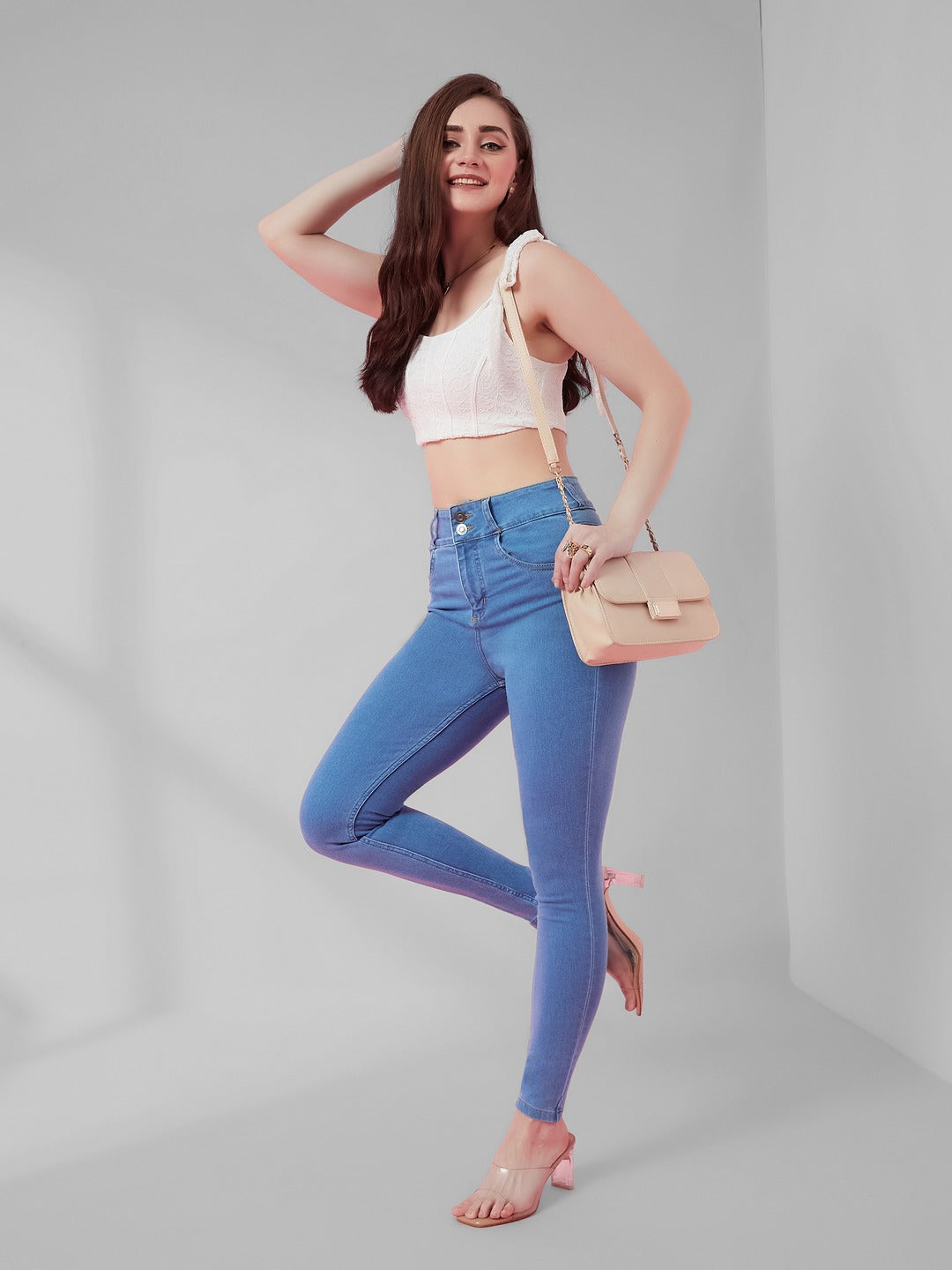 Blue Skinny Fit High-Rise Ice Wash Stretchable High Waist Denim Jeans for Women
