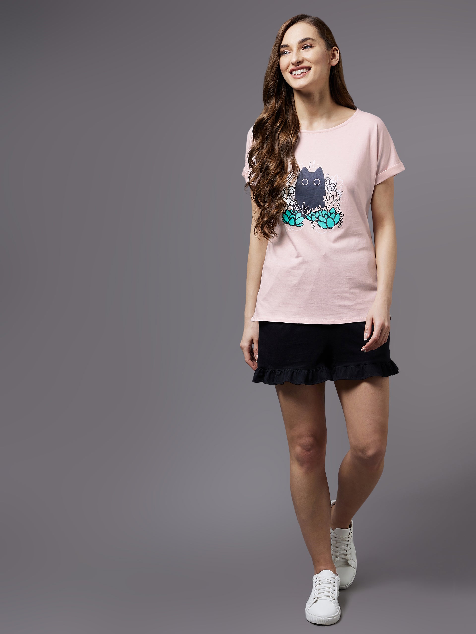 Women's Blush Pink round neck short sleeves printed long T-shirt