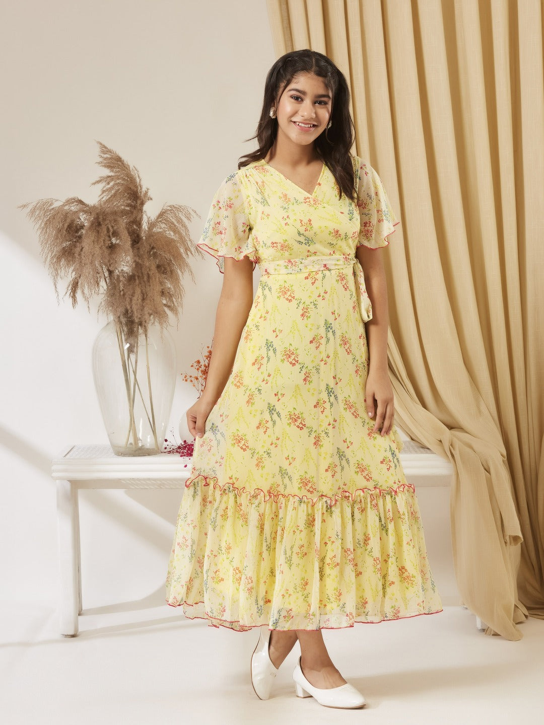 Yellow V Neck Flared Sleeve Floral Wrap Maxi Dress for Girls/Teenagers