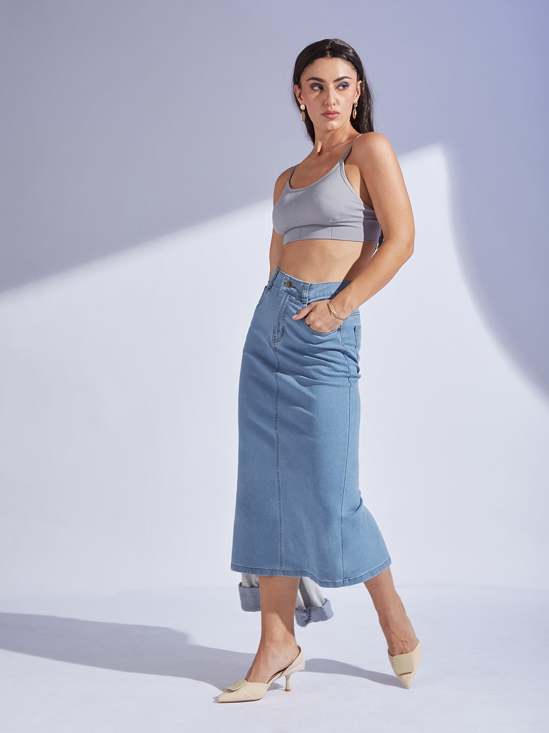 Women's Light Blue Straight High-Rise Midi Stretchable Denim Denim Skirt