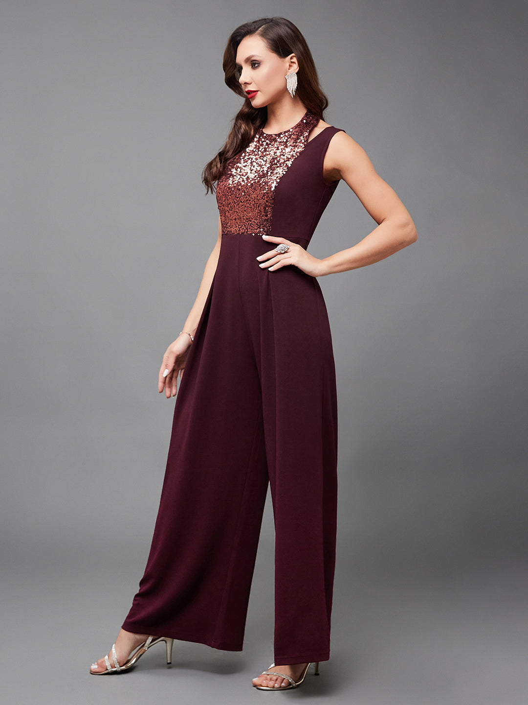 Crease Ease Cocktail Women's Wine Color Halter Neck Sleeveless Solid Pleated Sequin Panelled Jumpsuit