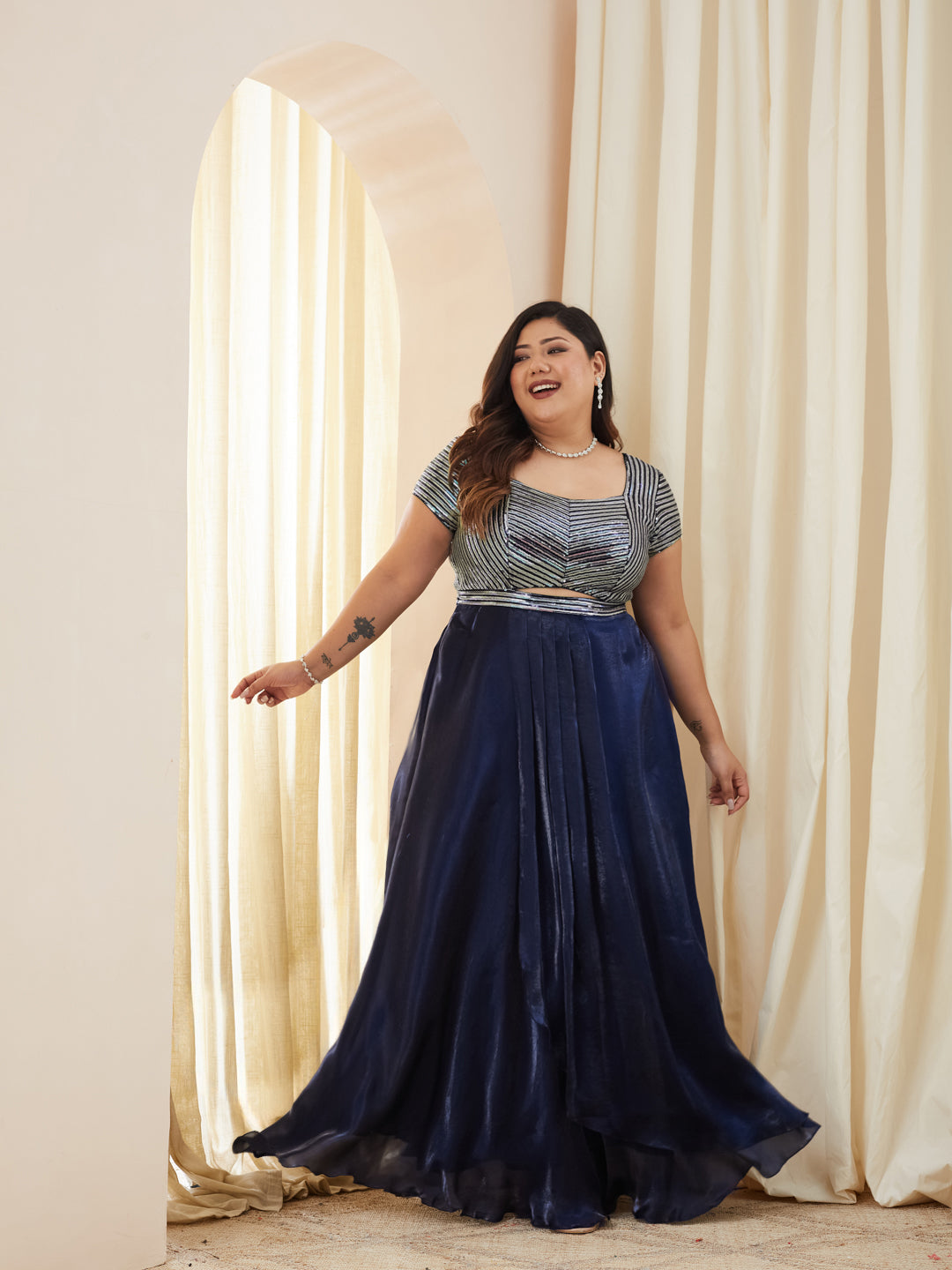 Navy Blue Sweetheart Embellished Gown in Premium Pleated Satin for Women