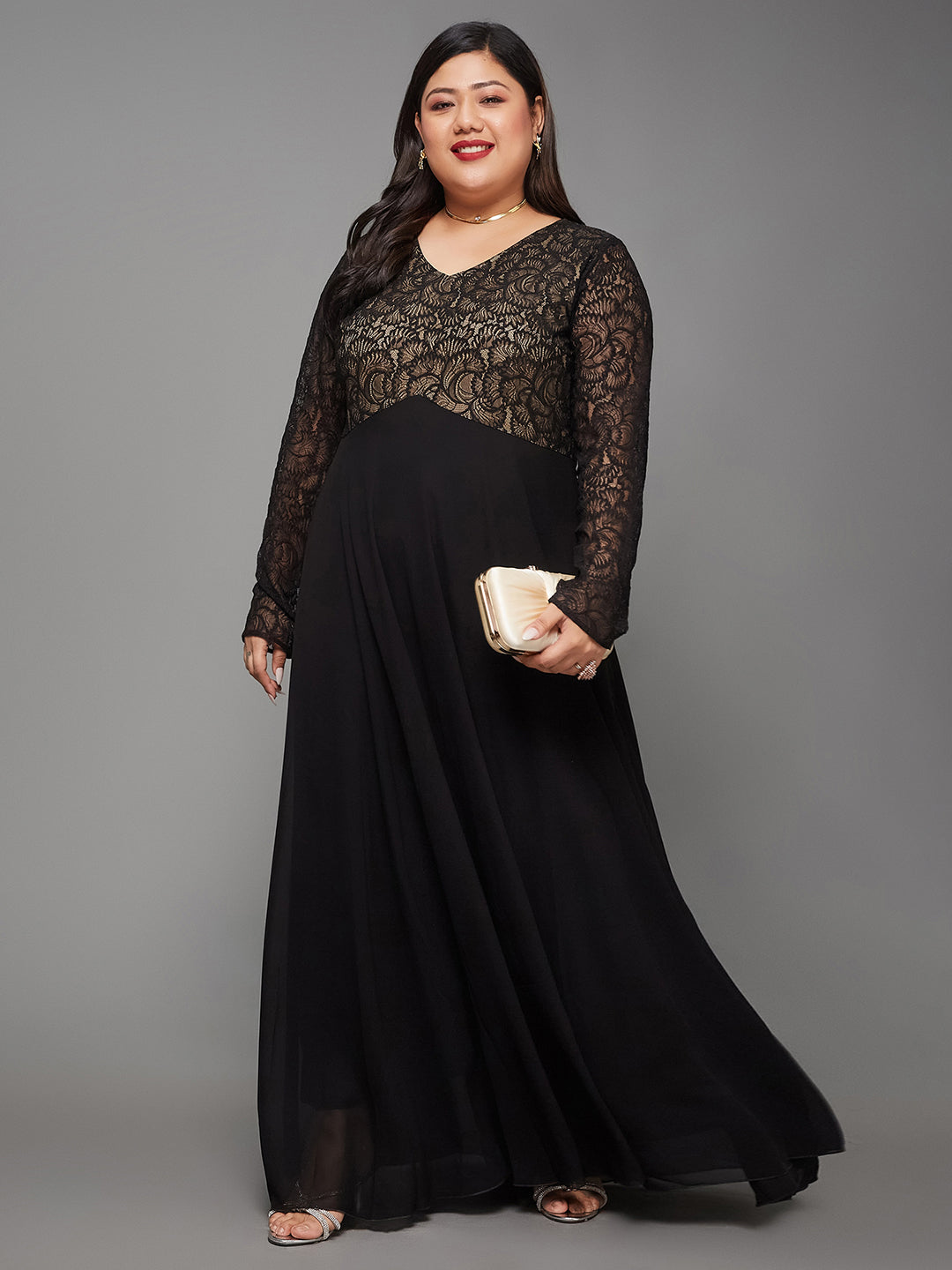Black V-Neck Full Sleeve Self Design Lace-Overlaid Georgette Maxi Dress for Women