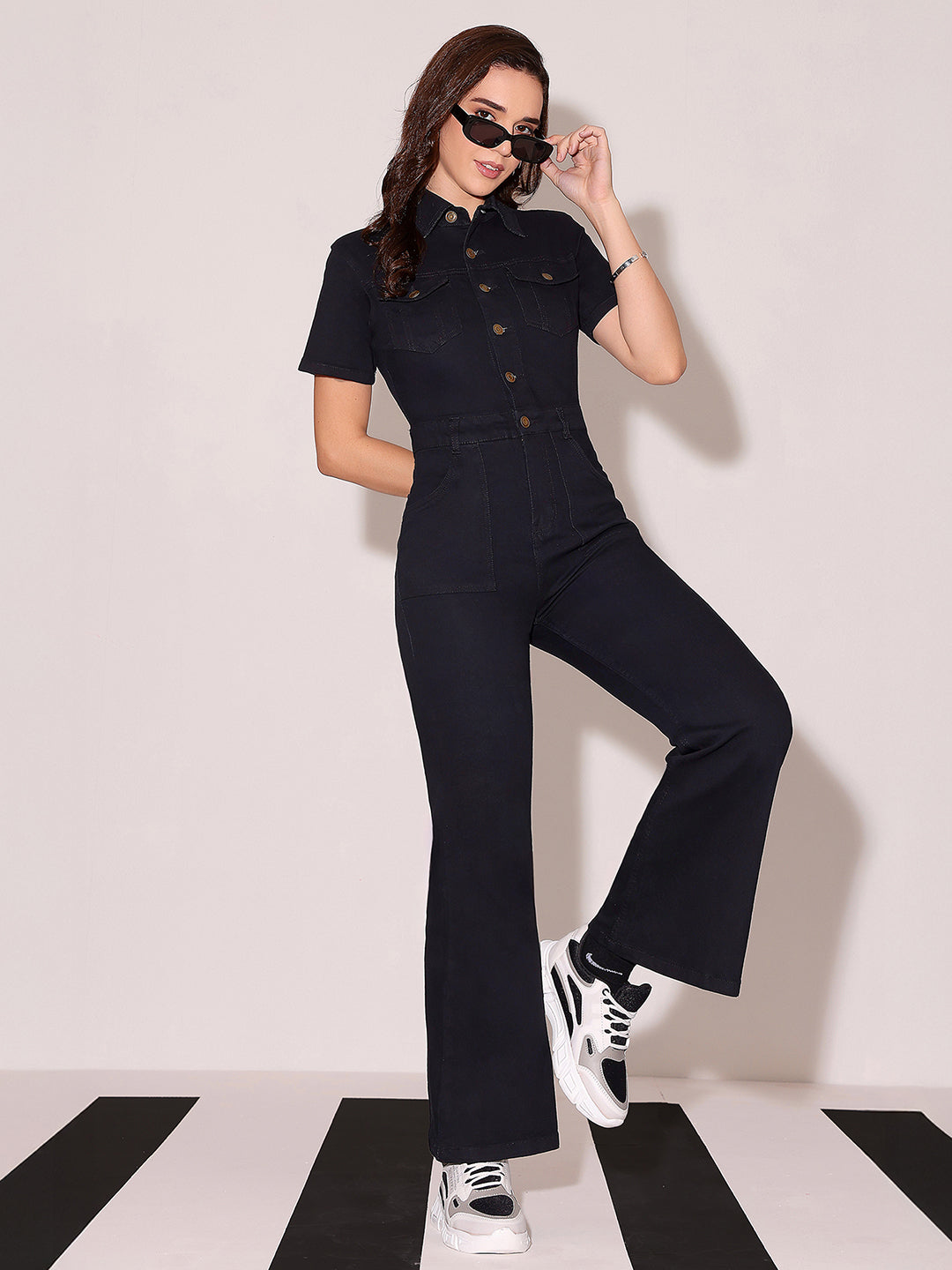 Women's Black Flared High Rise Regular Stretchable Denim Jumpsuit