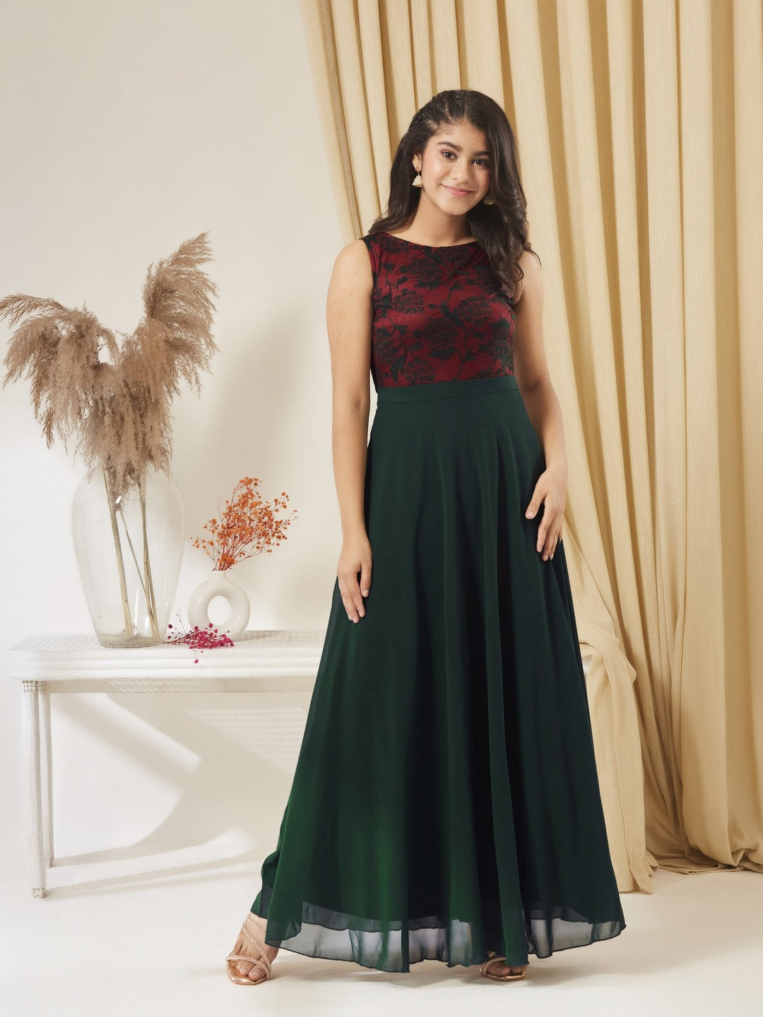 Dark Green Round Neck Sleeveless Georgette Floral Lace Fit & Flare Maxi Dress for Girls/Teenagers