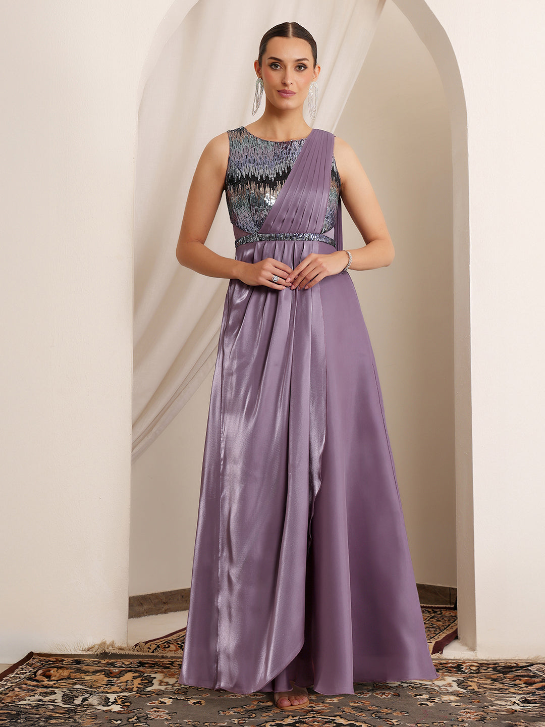 Women's Dusty Purple Round Neck Sleeveless Embellished Layered Satin Maxi Dress