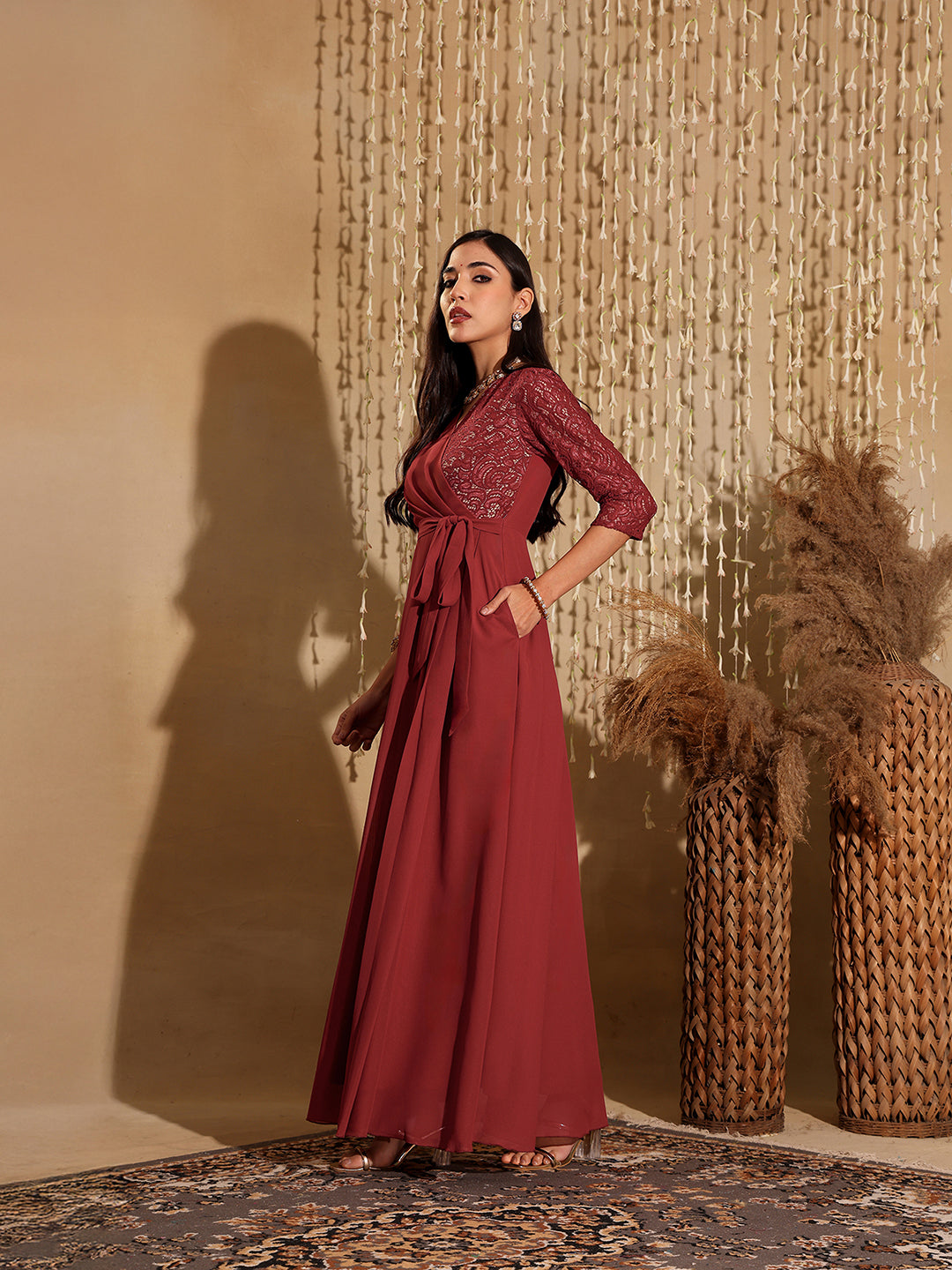 Women's Brick Red V-Neck 3/4 Sleeve Self-Designed Wrap Styled Georgette Maxi Dress