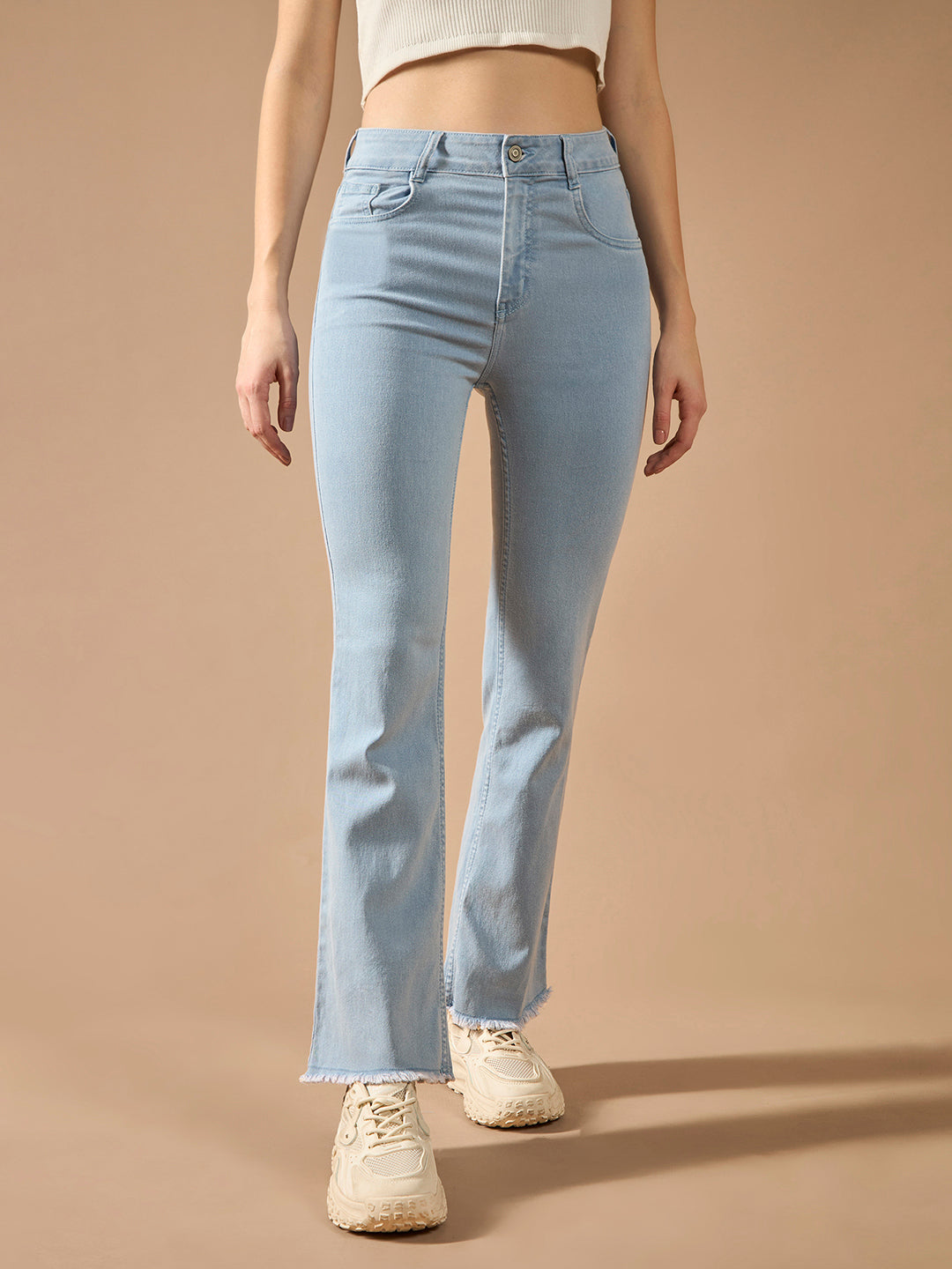 Women's Light Blue Boot Cut High rise Clean Look Cropped Stretchable Denim Jeans