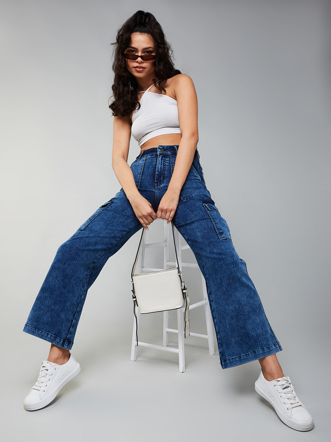 24/7 Comfort Women's Mid Blue Wide-Leg High-Rise Clean-Look Regular-Length Stretchable Denim Cargo Jeans