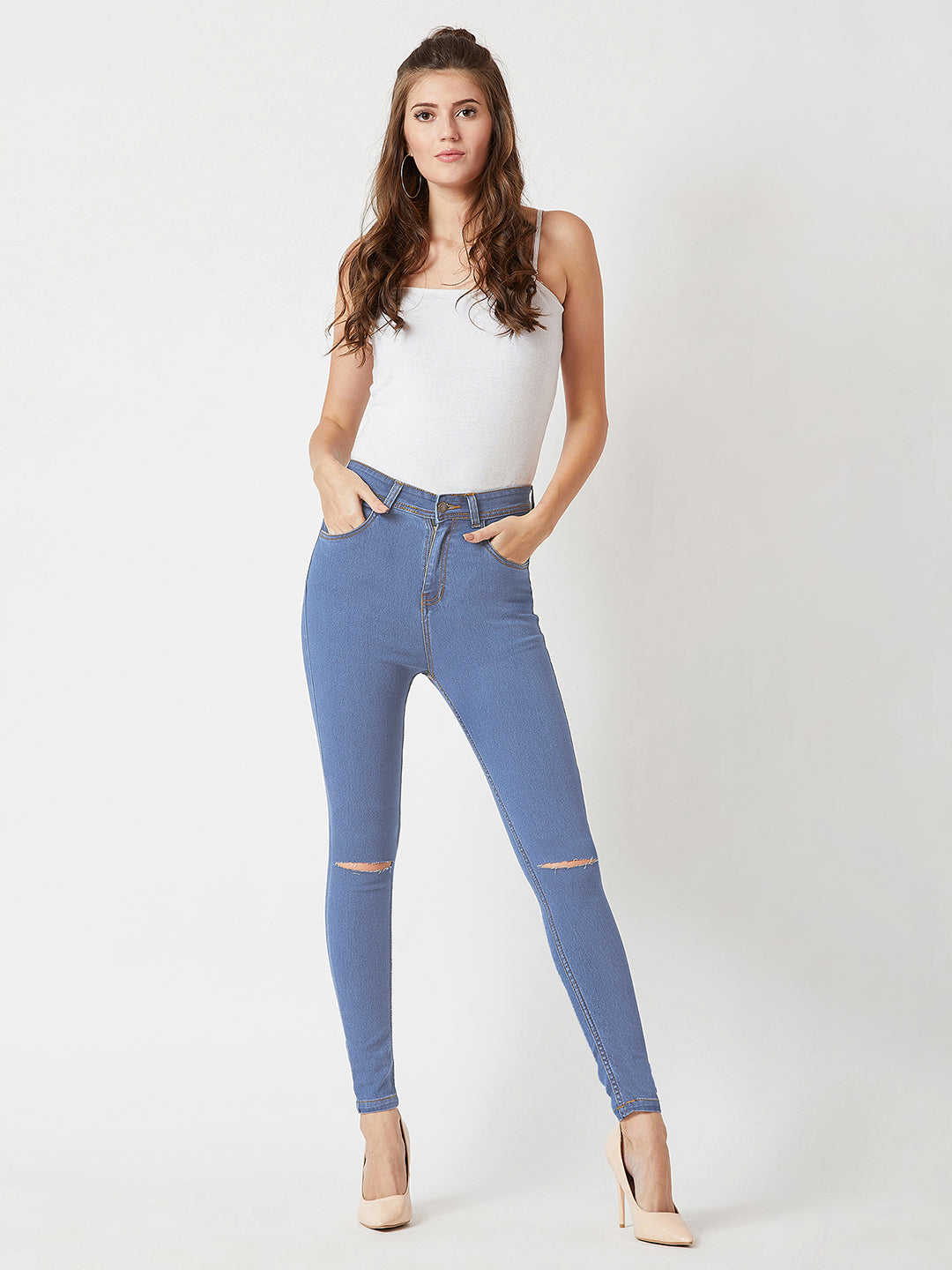 Women's Blue Skinny Fit High Rise Mildly Distressed Regular Stretchable Denim Jeans