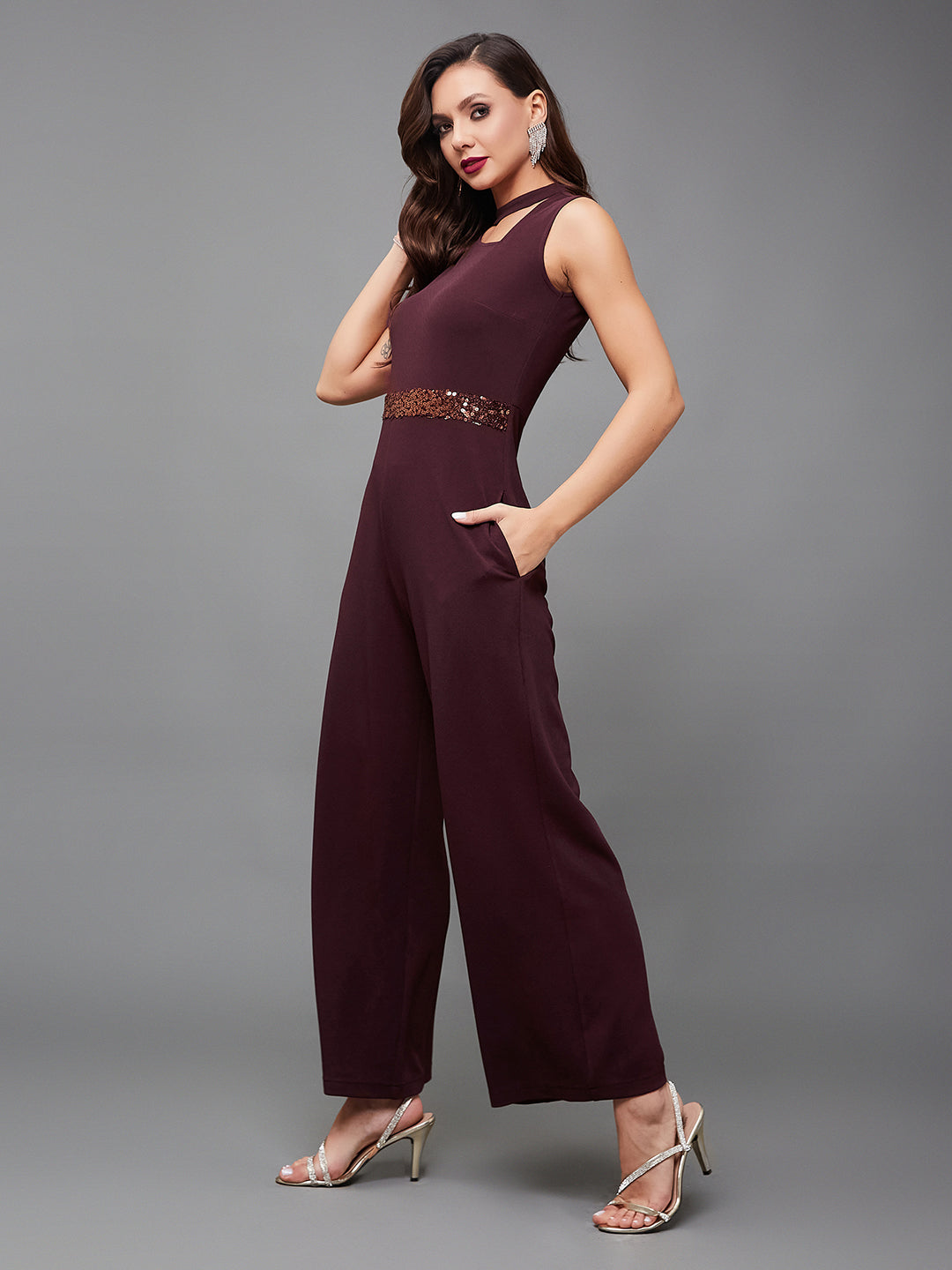 Crease Ease Cocktail Women's Wine Collared Sleeveless Solid Asymmetric Neck Cut-Out Jumpsuit