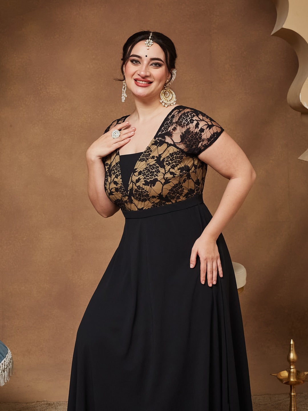 Black Square Neck Raglan Short Sleeve Self Design Lace Overlaid Georgette Maxi Dress for Women