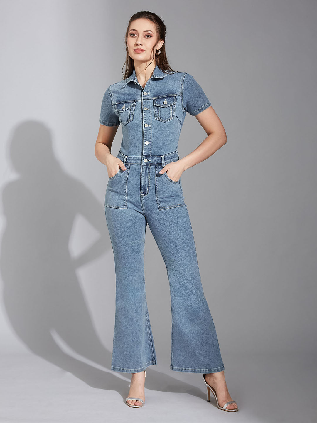 Women's Blue Flared High-Rise Regular Stretchable Denim Jumpsuit