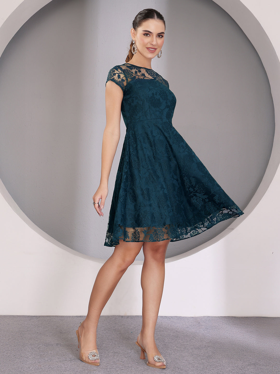 Women's Teal Round Neck Cap Sleeve Self-Designed Skater Mini Dress