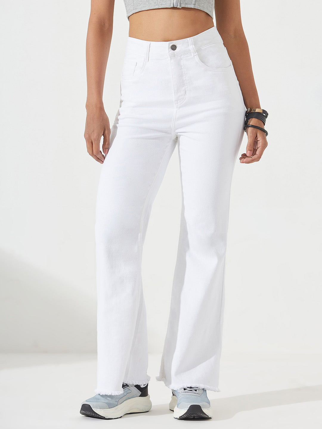 White Bootcut High-Rise Stretchable Denim Jeans for Women
