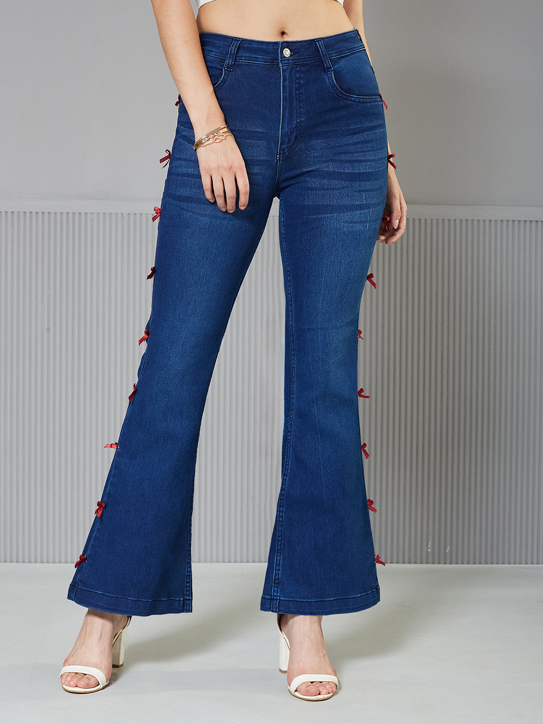 Navy-Blue High-Rise Stretchable Bootcut Denim Jeans for Women with Dark Red Satin Bows